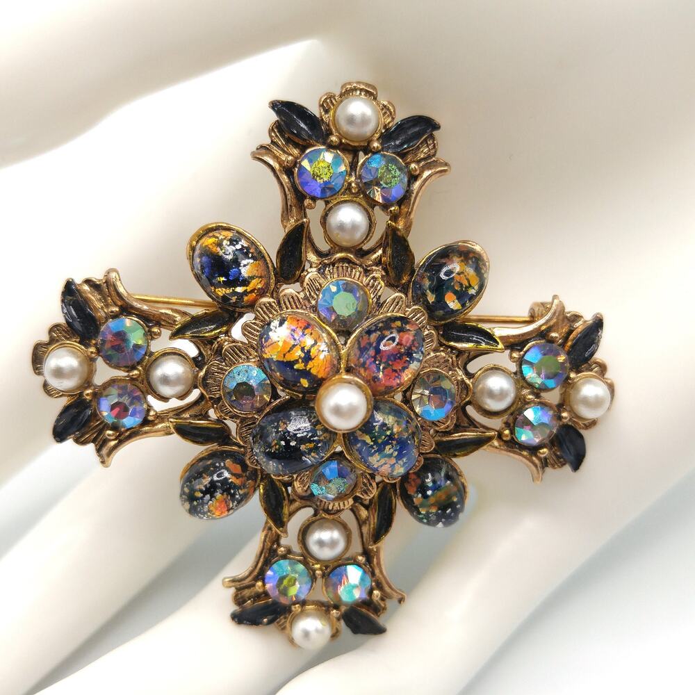 Vintage Maltese Cross Brooch, Foil Cabs, Faux Pearls AB Rhinestones, Vintage
